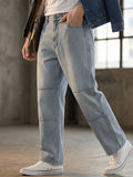 Men's Grey Loose Baggy Fit Cut and Sew Panelled Jeans Non-Stretchable