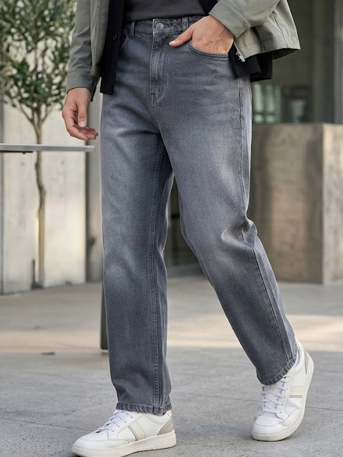 Men's Grey Loose Baggy Fit Washed Jeans Non-Stretchable