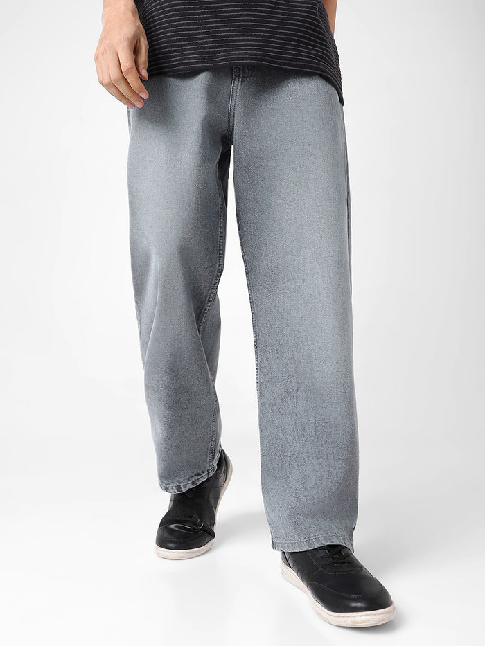 Men's Grey Loose Baggy Fit Washed Jeans Non-Stretchable