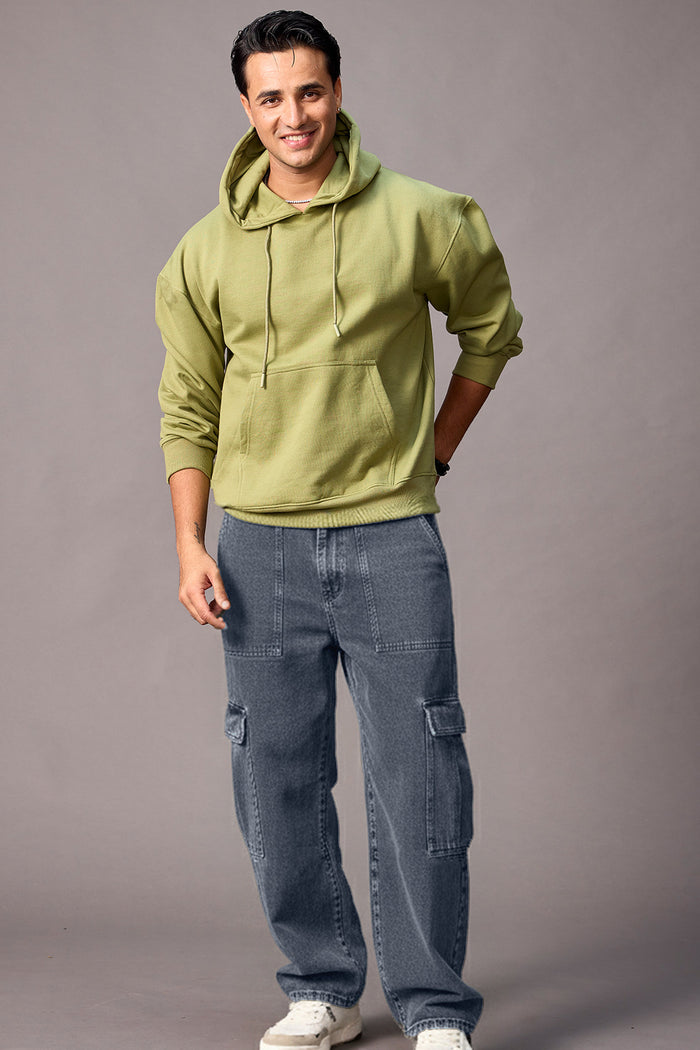 Men's Grey Loose Fit Cargo Jeans with 6 Pockets Non-Stretchable