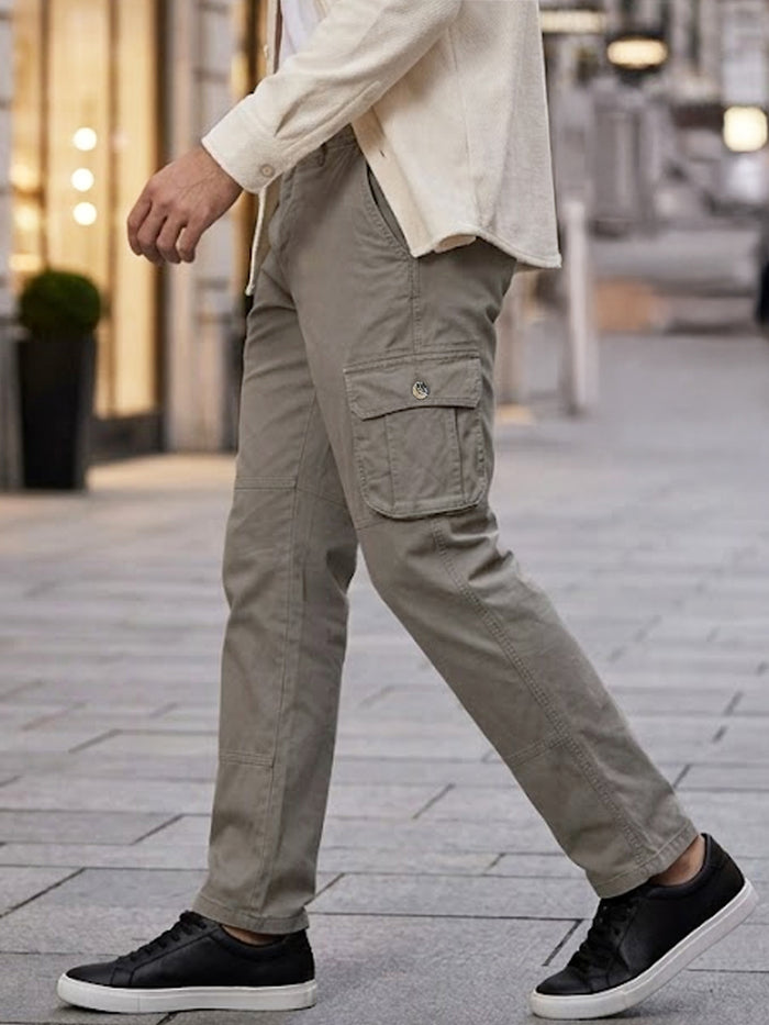 Men's Grey Regular Fit Solid Cargo Chino Pant with 6 Pockets