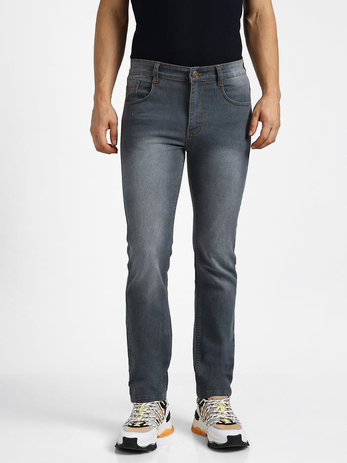 Men's Grey Regular Fit Washed Jeans Stretchable