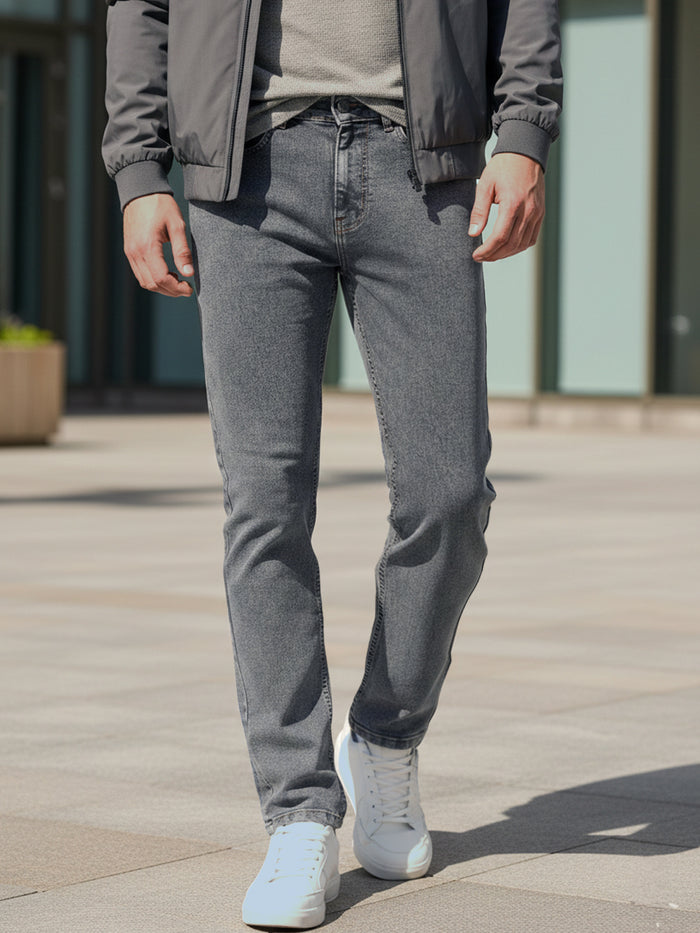 Men's Grey Regular Fit Washed Jeans Stretchable