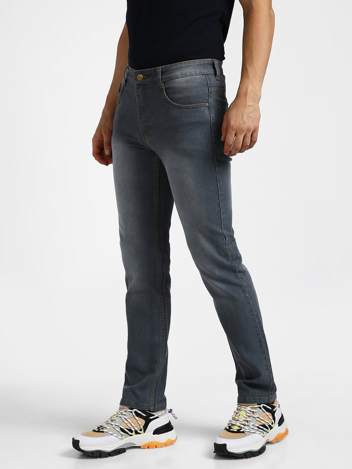 Men's Grey Regular Fit Washed Jeans Stretchable