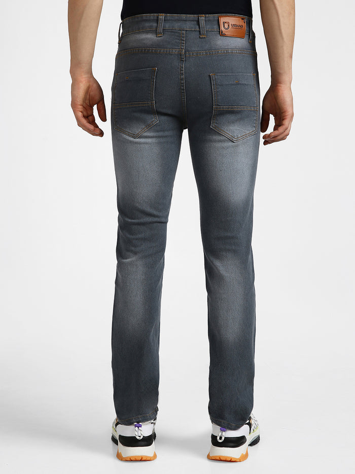 Men's Grey Regular Fit Washed Jeans Stretchable