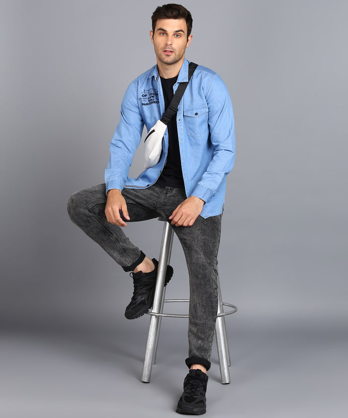 Men's Ice Blue Denim Full Sleeve Slim Fit Washed Casual Shirt