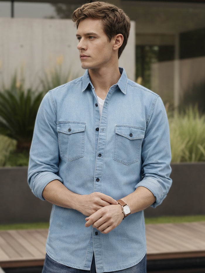 Men's Ice Blue Full Sleeve Regular Fit Casual Denim Shirt