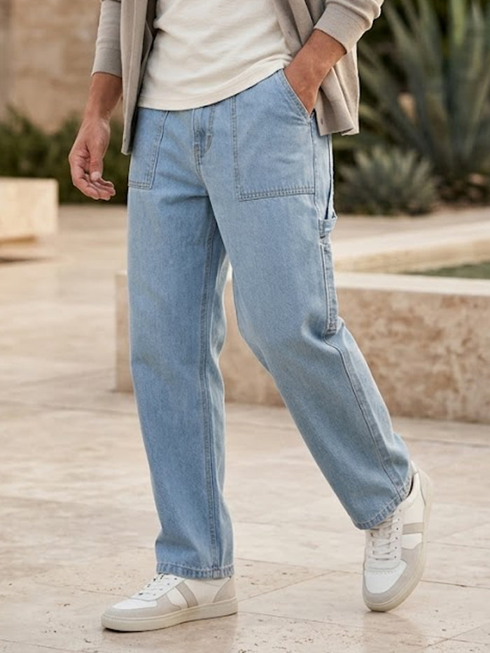 Men's Ice Blue Loose Fit Cargo Carpenter Jeans With 6 Pockets Non-Stretchable