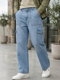 Men's Ice Blue Loose Fit Cargo Jeans with 6 Pockets Non-Stretchable