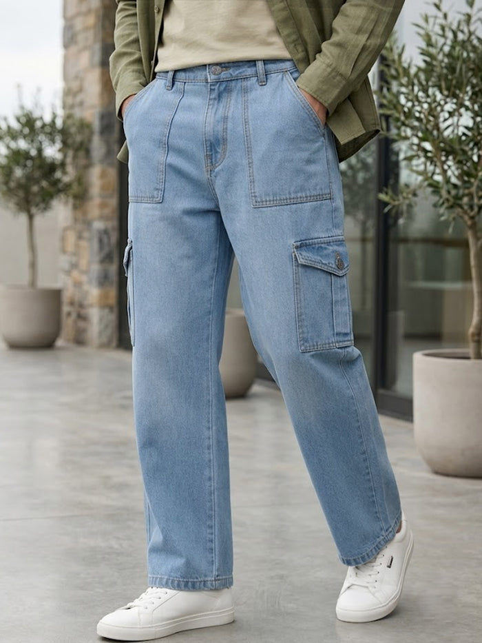 Men's Ice Blue Loose Fit Cargo Jeans with 6 Pockets Non-Stretchable