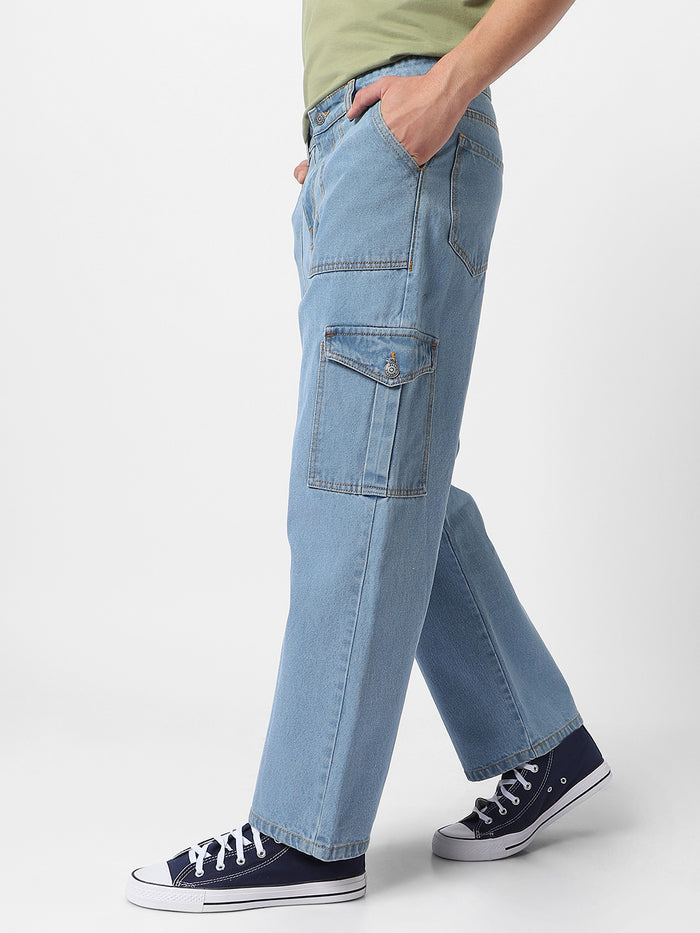 Men's Ice Blue Loose Fit Cargo Jeans with 6 Pockets Non-Stretchable