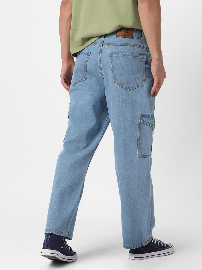 Men's Ice Blue Loose Fit Cargo Jeans with 6 Pockets Non-Stretchable