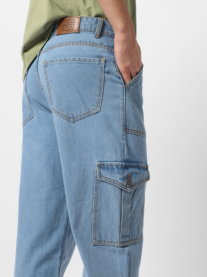 Men's Ice Blue Loose Fit Cargo Jeans with 6 Pockets Non-Stretchable