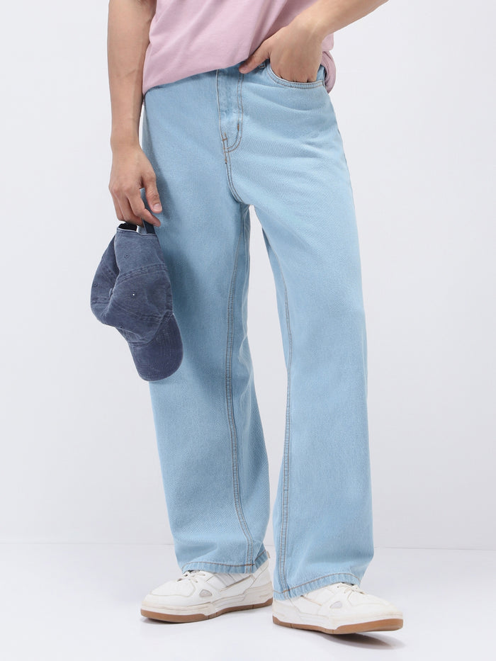 Men's Ice Blue Loose Fit Washed Jeans Non-Stretchable
