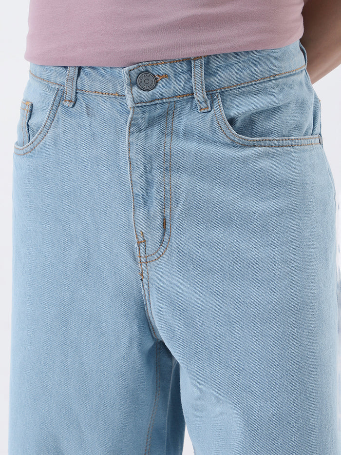 Men's Ice Blue Loose Fit Washed Jeans Non-Stretchable