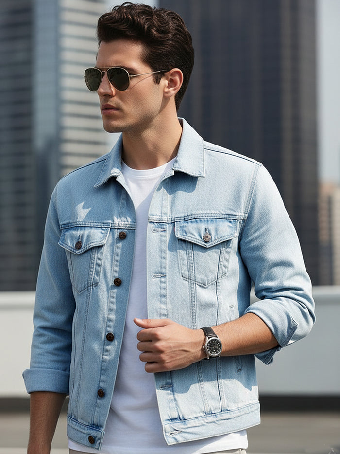 Men's Ice Blue Regular Fit Washed Full Sleeve Denim Jacket