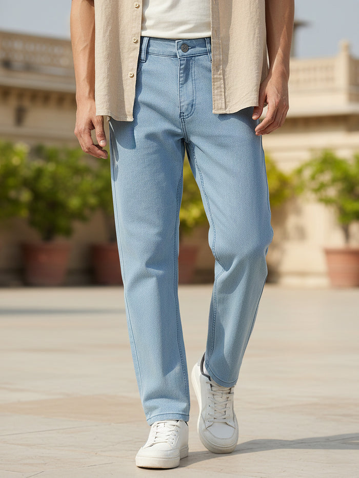 Men's Ice Blue Regular Fit Washed Jeans Stretchable