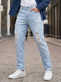Men's Ice Blue Slim Fit Heavy Distressed/Torn Jeans Stretchable