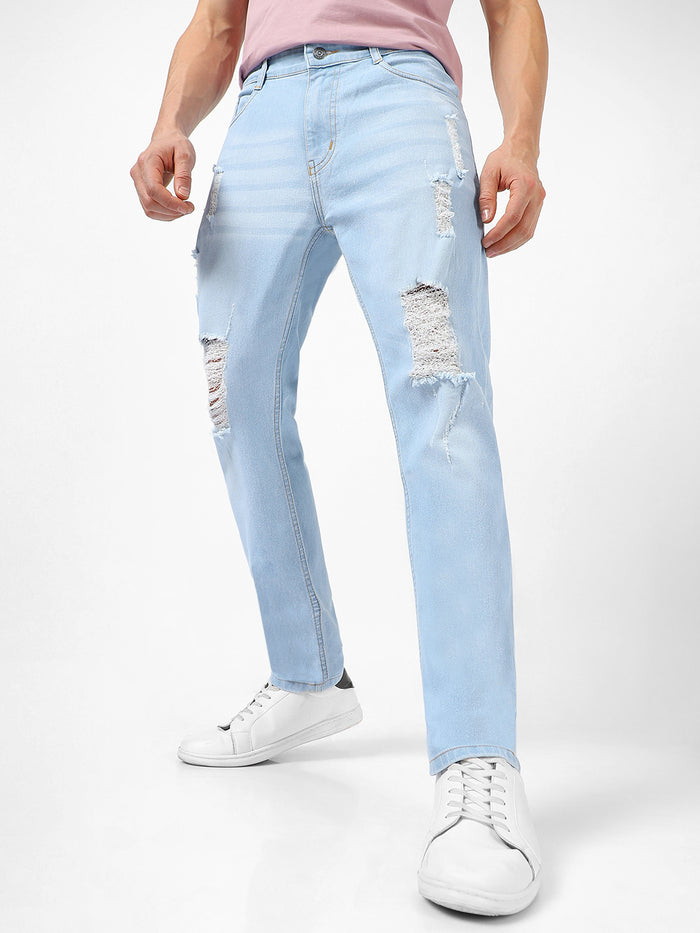 Men's Ice Blue Slim Fit Heavy Distressed/Torn Jeans Stretchable