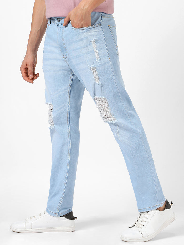 Men's Ice Blue Slim Fit Heavy Distressed/Torn Jeans Stretchable