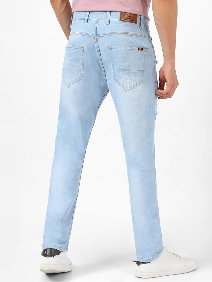 Men's Ice Blue Slim Fit Heavy Distressed/Torn Jeans Stretchable