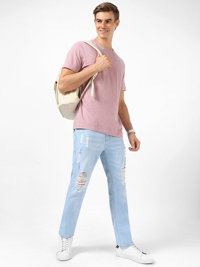 Men's Ice Blue Slim Fit Heavy Distressed/Torn Jeans Stretchable