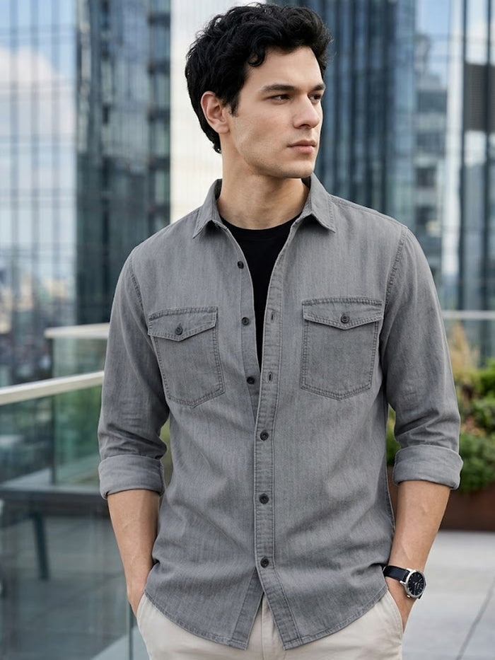 Men's Ice Grey Full Sleeve Regular Fit Casual Denim Shirt