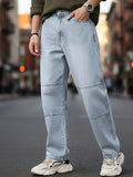 Men's Ice Grey Loose Baggy Fit Cut and Sew Panelled Jeans Non-Stretchable
