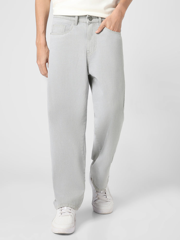 Men's Ice Grey Loose Baggy Fit Washed Jeans Non-Stretchable