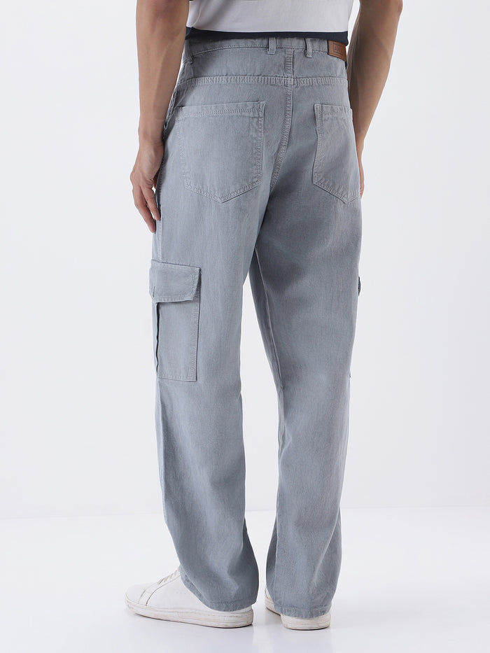 Men's Ice Grey Loose Fit Cargo Jeans with 6 Pockets Non-Stretchable