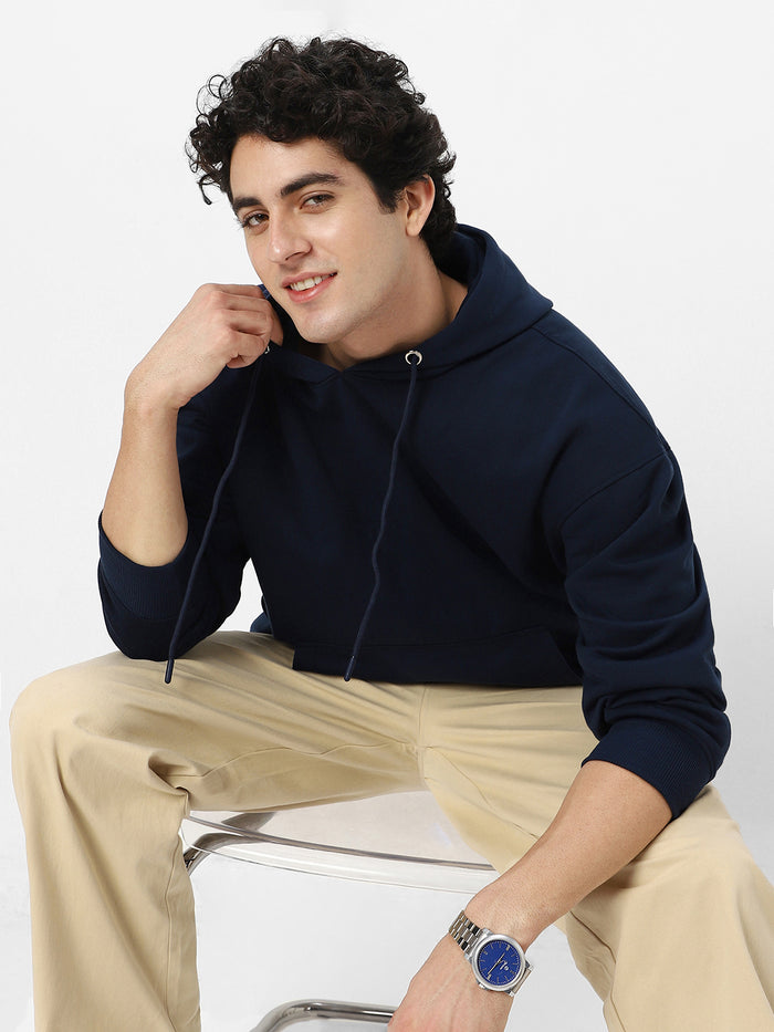 Men's Iris Navy Cotton Solid Oversized Hooded Neck Sweatshirt