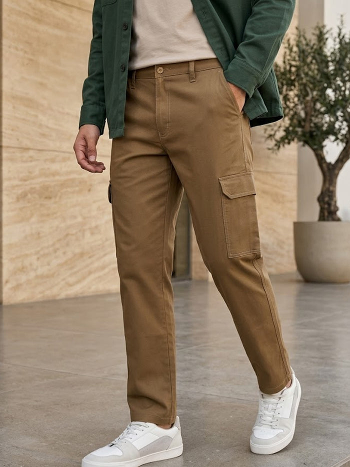 Men's Khaki Regular Fit Solid Cargo Chino Pant With 6 Pockets