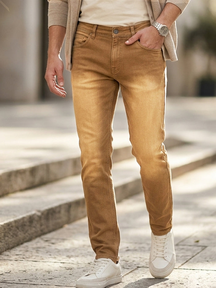 Men's Khaki Slim Fit Washed Jeans Stretchable