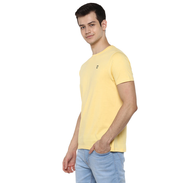 Men's Lemon Yellow Solid Slim Fit Round Neck Cotton T-Shirt