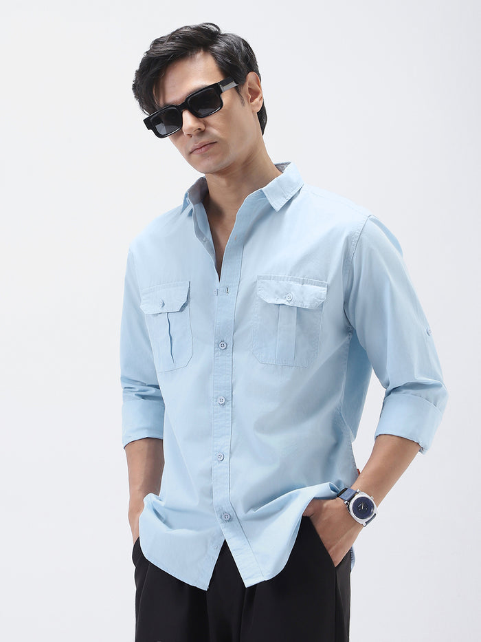 Men's Light Blue Cotton Full Sleeve Regular Fit Casual Solid Shirt