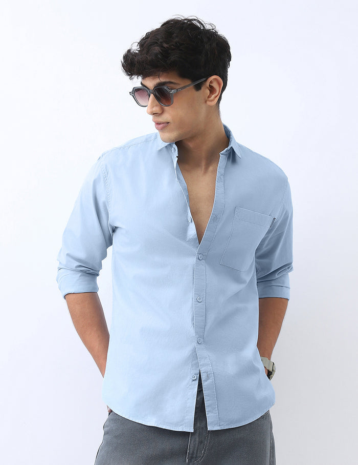 Men's Light Blue Cotton Full Sleeve Regular Fit Casual Solid Shirt
