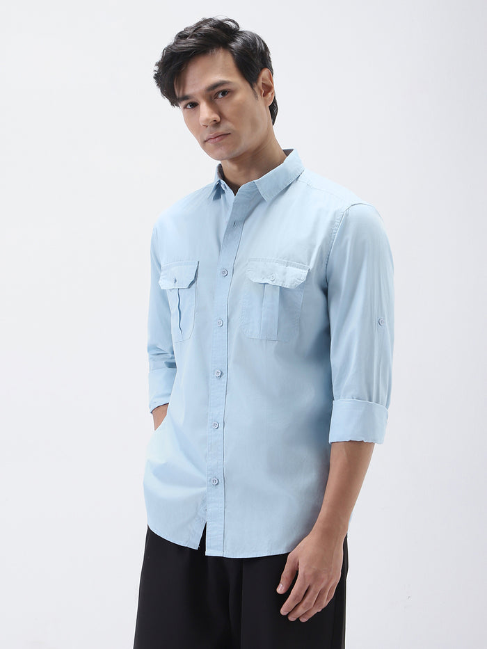 Men's Light Blue Cotton Full Sleeve Regular Fit Casual Solid Shirt