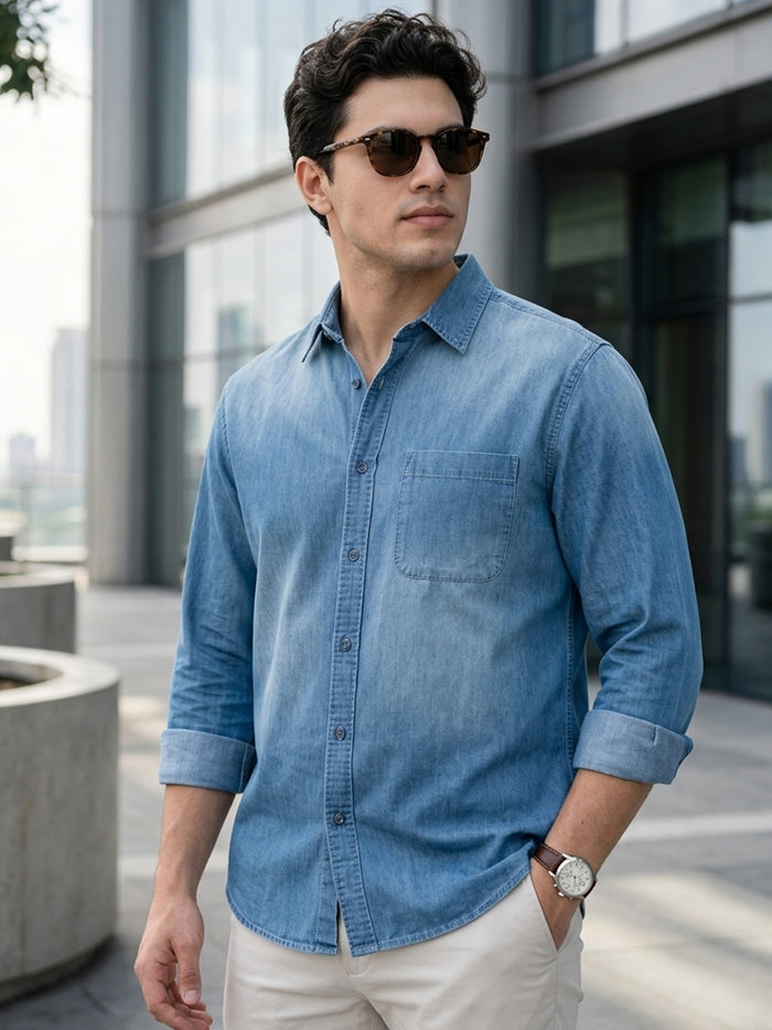 Men's Light Blue Full Sleeve Regular Fit Casual Denim Shirt