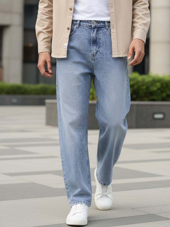Men's Light Blue Loose Baggy Fit Washed Jeans Non-Stretchable