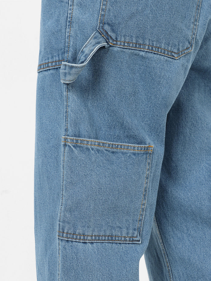 Men's Light Blue Loose Fit Cargo Carpenter Jeans With 6 Pockets Non-Stretchable