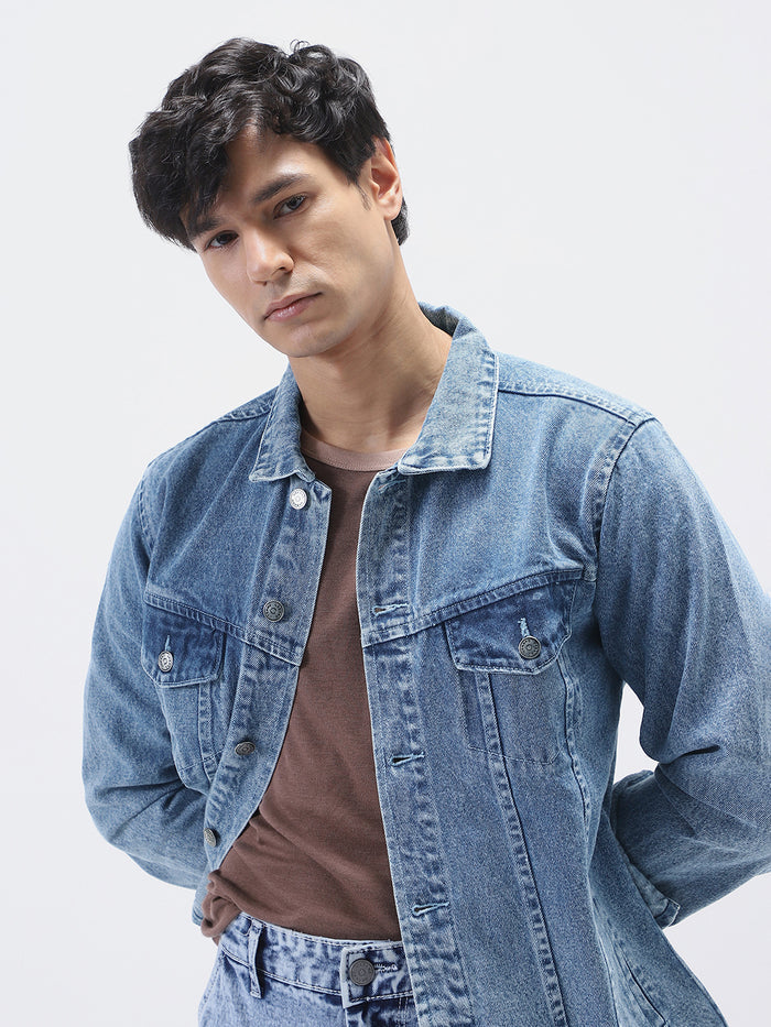 Men's Light Blue Regular Fit Washed Full Sleeve Denim Jacket