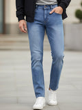 Men's Light Blue Regular Fit Washed Jeans Stretchable