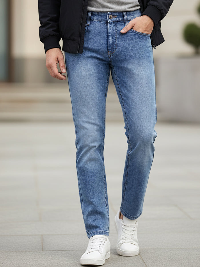 Men's Light Blue Regular Fit Washed Jeans Stretchable
