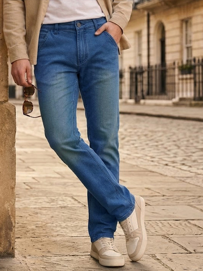 Men's Light Blue Regular Fit Washed Jeans Stretchable