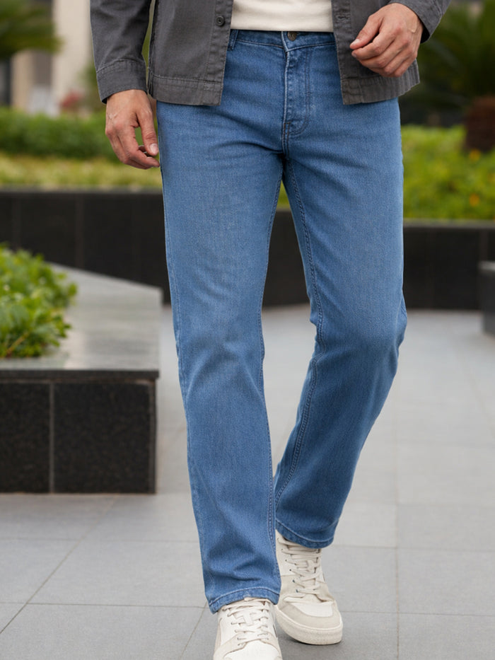 Men's Light Blue Regular Fit Washed Jeans Stretchable