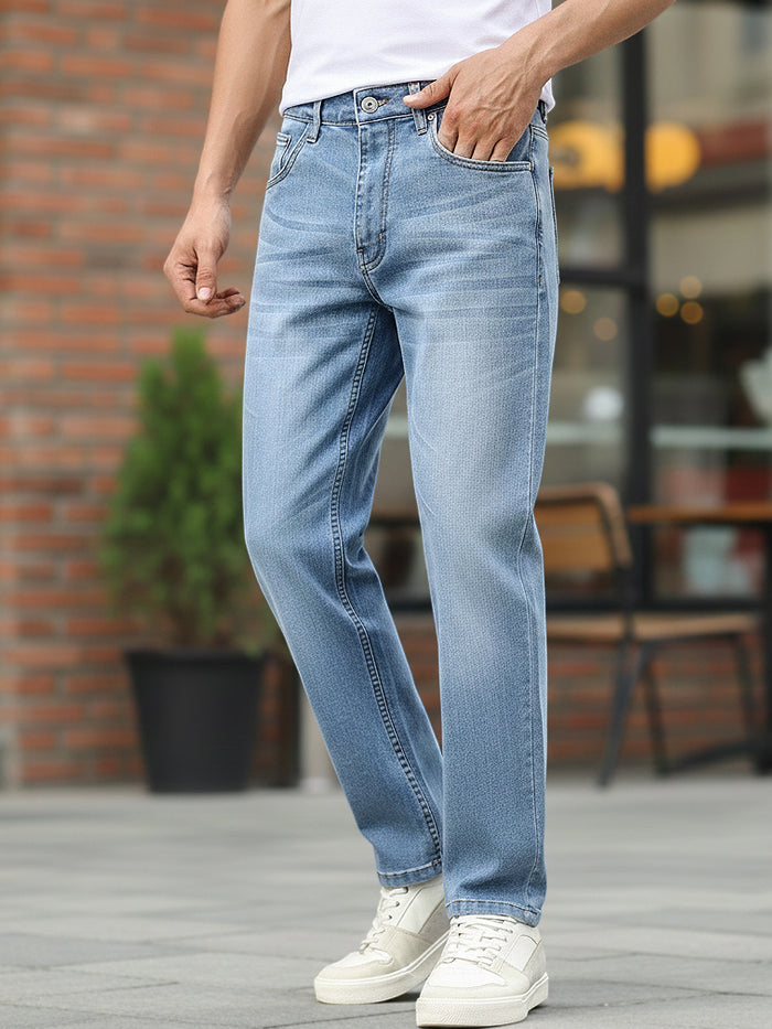 Men's Light Blue Regular Fit Washed Jeans Stretchable