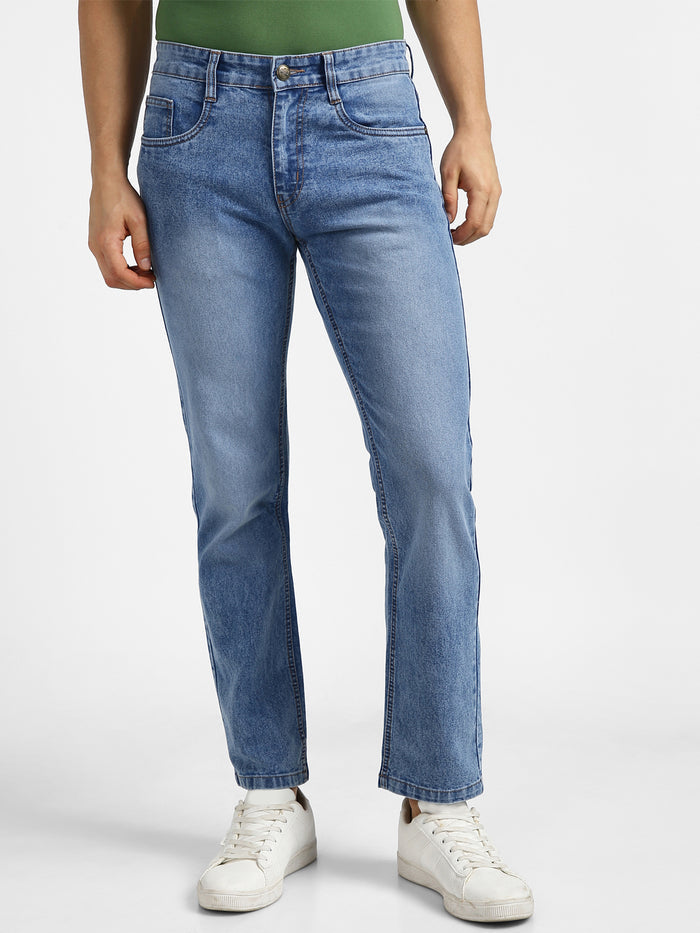 Men's Light Blue Regular Fit Washed Jeans Stretchable