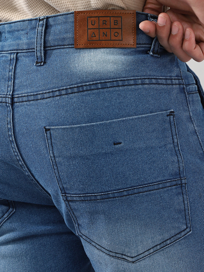Men's Light Blue Regular Fit Washed Jeans Stretchable