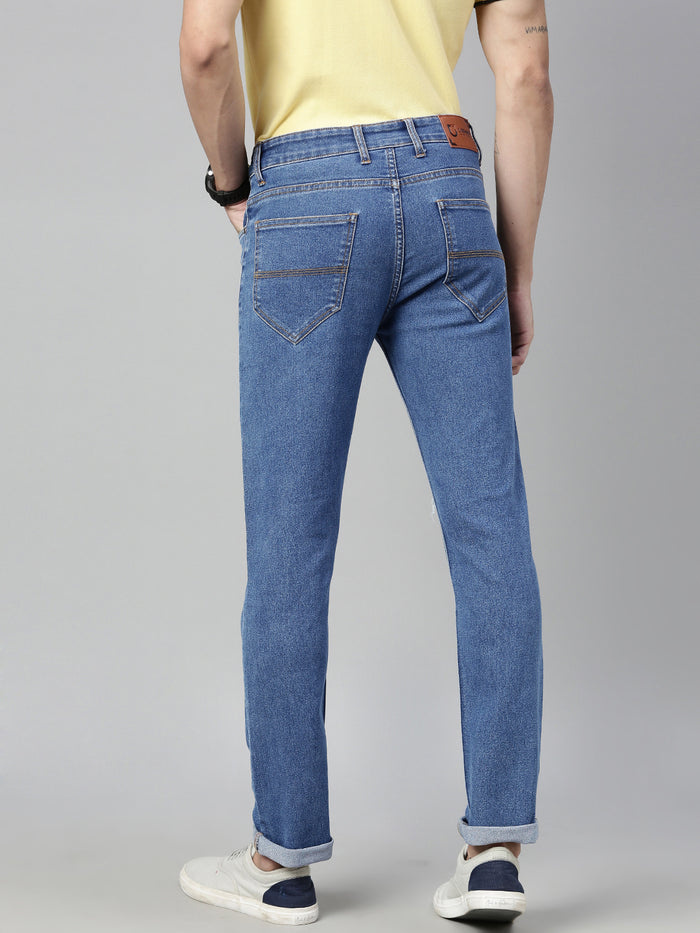 Men's Light Blue Slim Fit Knee Slit Distressed Jeans Stretchable