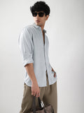 Men's Light Grey Linen Blend Full Sleeve Relaxed Fit Casual Solid Shirt